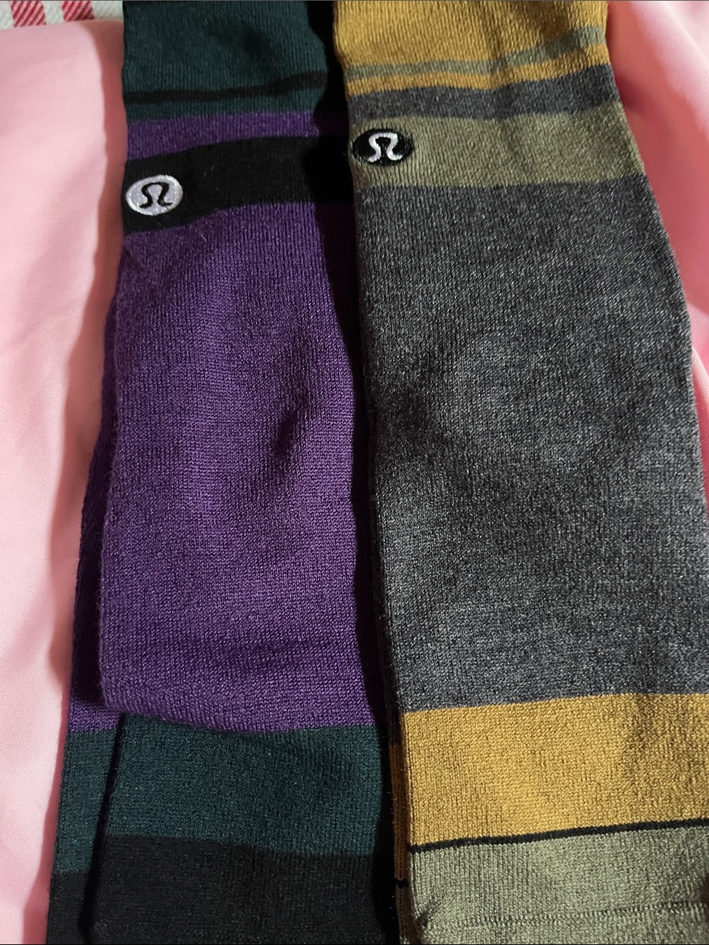 Lululemon Crew Socks in Purple, Green & Gray with Mustard Accent